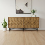 71" Brown Distressed Reclaimed Wood Carved Geometric Sideboard With Four Doors