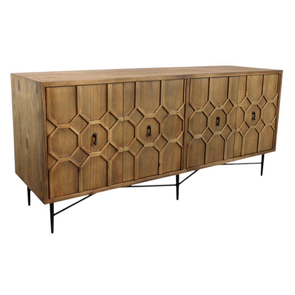 71" Brown Distressed Reclaimed Wood Carved Geometric Sideboard With Four Doors