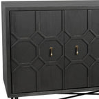 91" Black Distressed Reclaimed Wood Carved Geometric Sideboard With Six Doors
