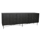 91" Black Distressed Reclaimed Wood Carved Geometric Sideboard With Six Doors