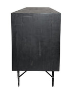 91" Black Distressed Reclaimed Wood Carved Geometric Sideboard With Six Doors