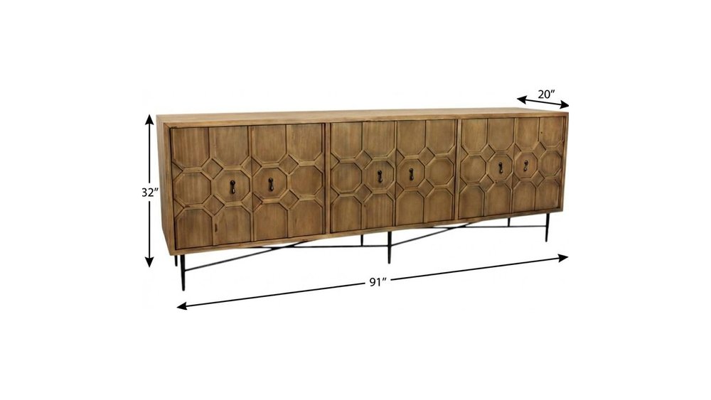 91" Natural Distressed Solid Wood Carved Geometric Sideboard with Six Doors