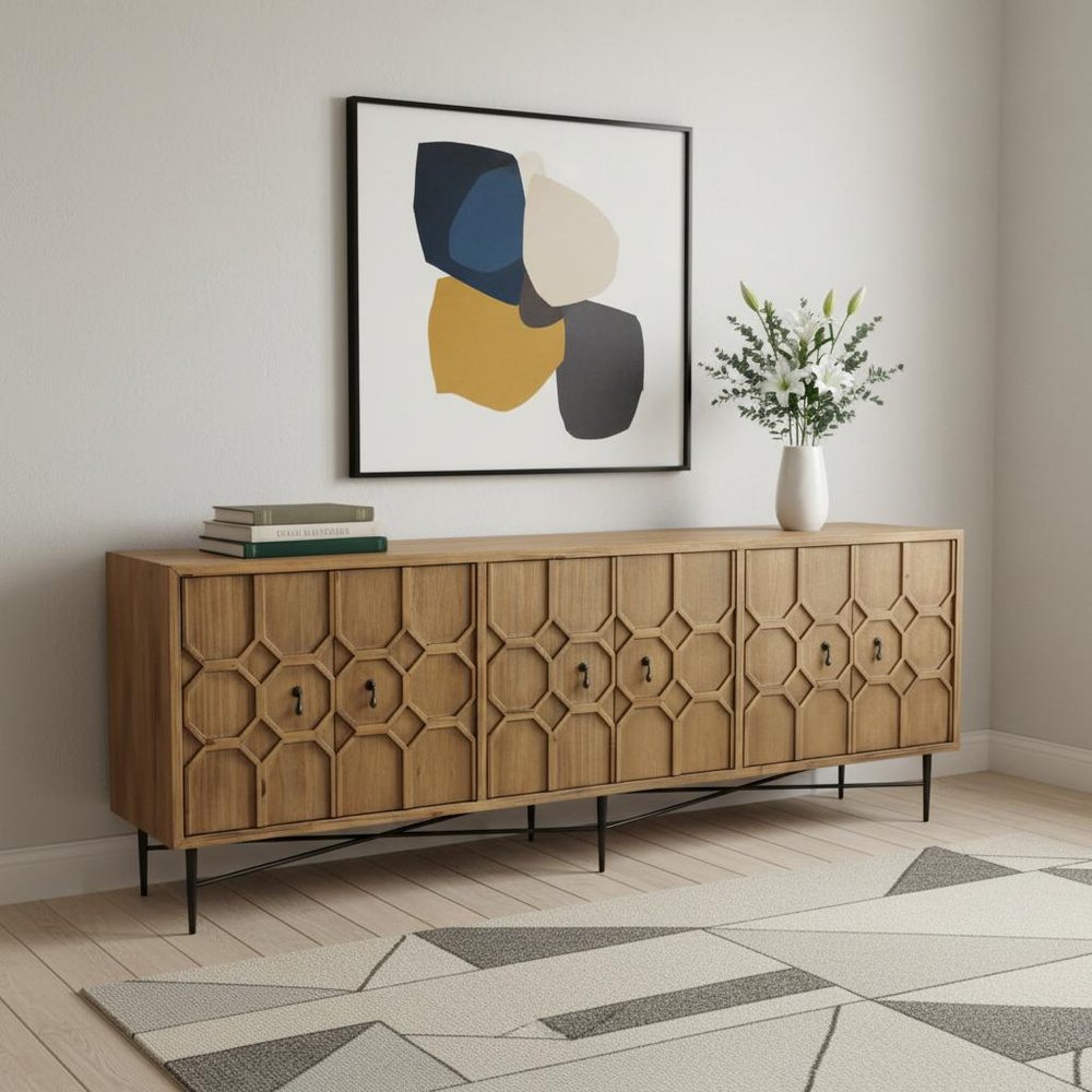 91" Natural Distressed Solid Wood Carved Geometric Sideboard with Six Doors