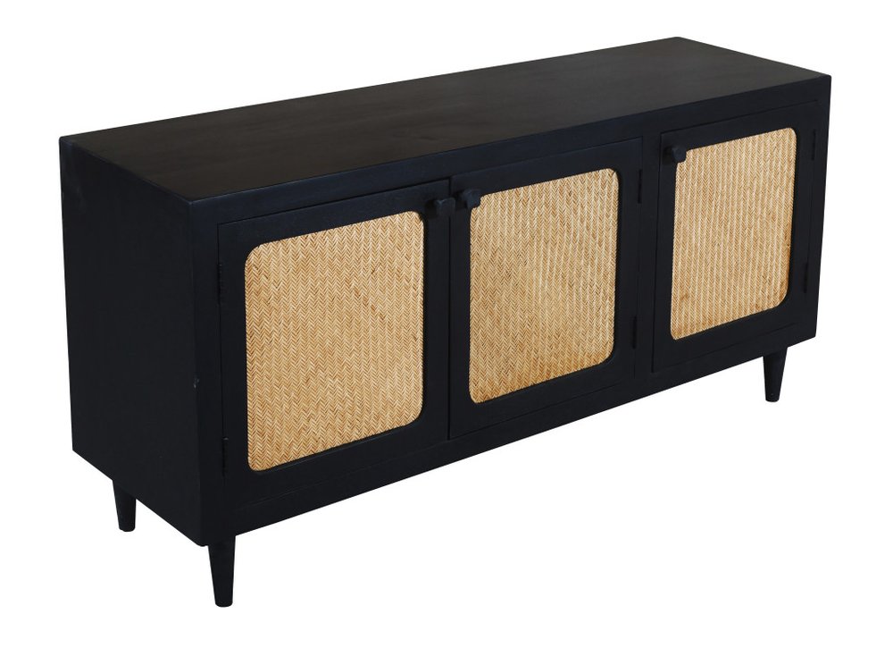 60" Black Distressed Solid Wood Sideboard with Three Doors
