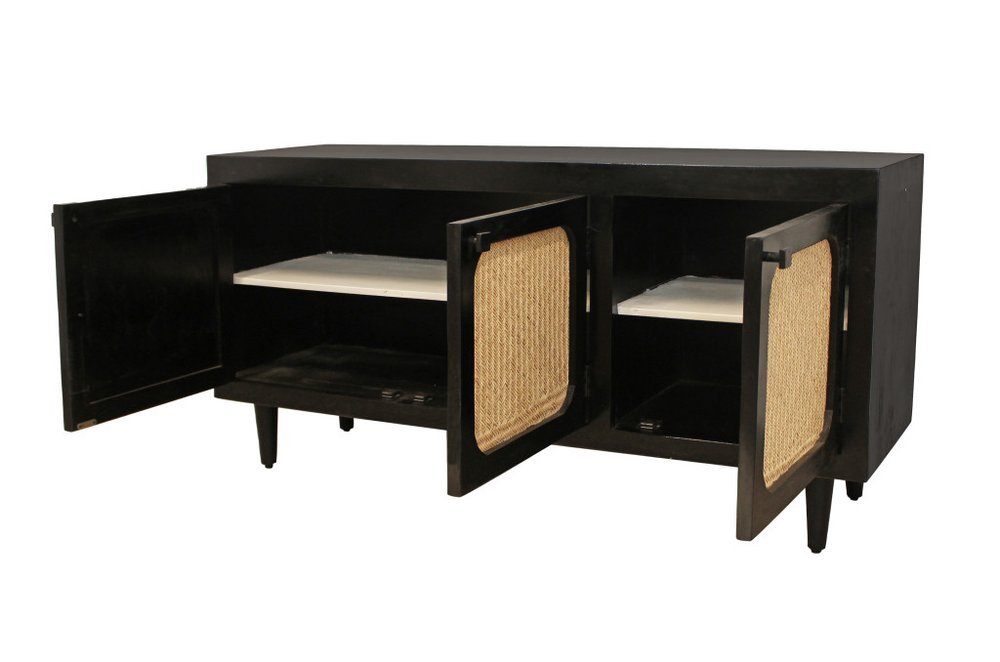 60" Black Distressed Solid Wood Sideboard with Three Doors