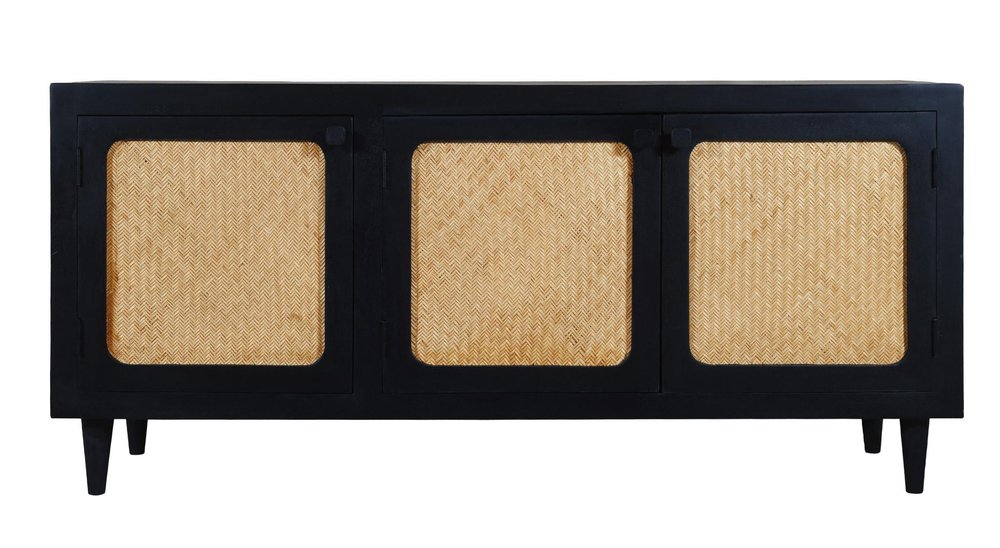 60" Black Distressed Solid Wood Sideboard with Three Doors