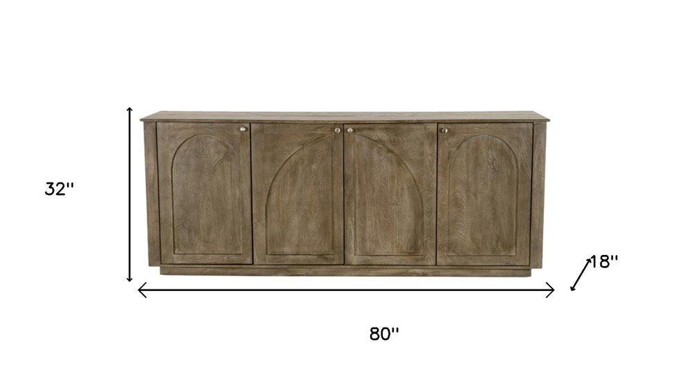 80" Brown Distressed Solid Wood Carved Geometric Sideboard With Four Doors