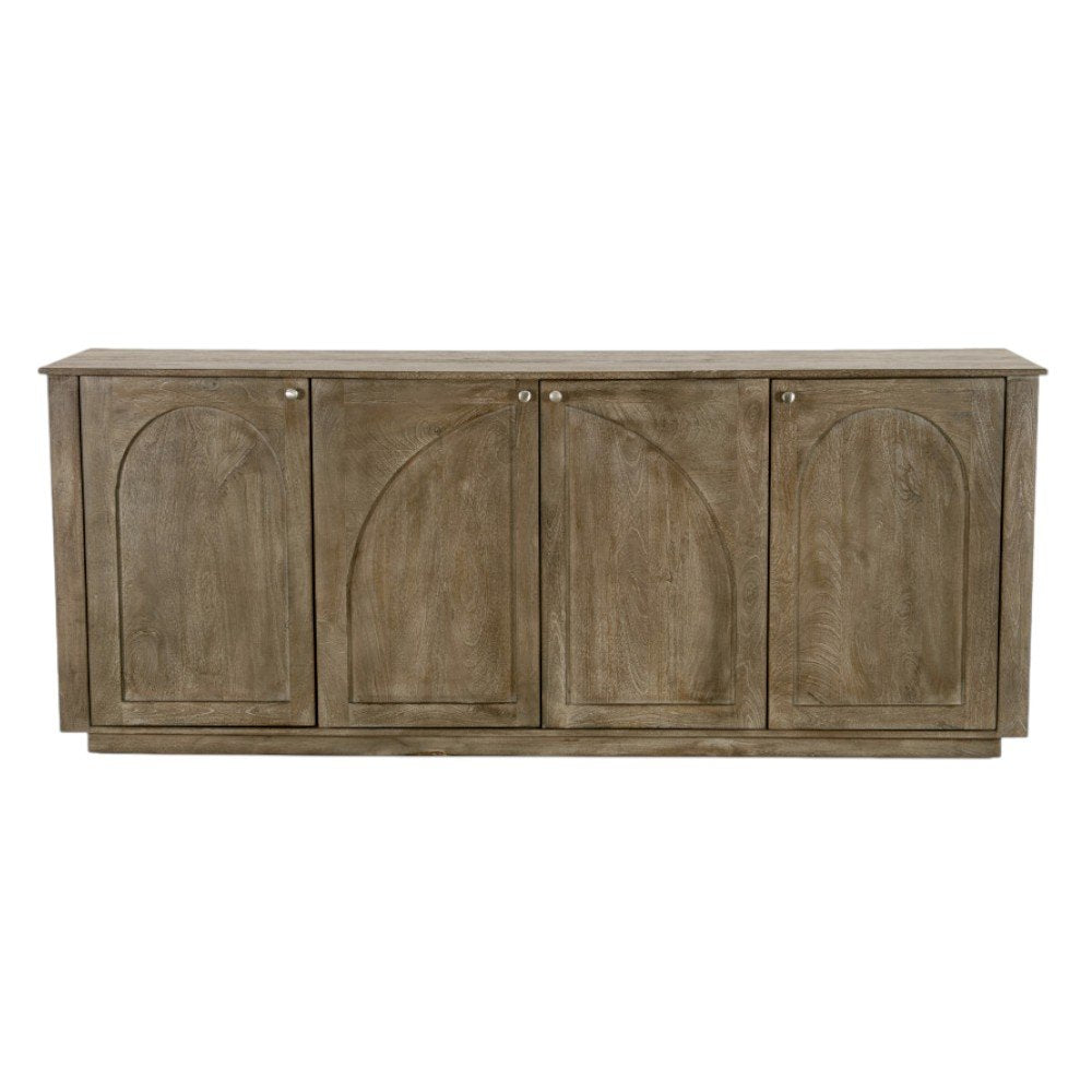 80" Brown Distressed Solid Wood Carved Geometric Sideboard With Four Doors