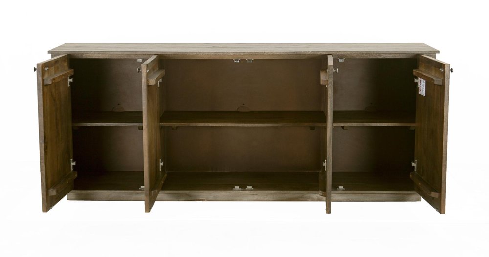 80" Brown Distressed Solid Wood Carved Geometric Sideboard With Four Doors