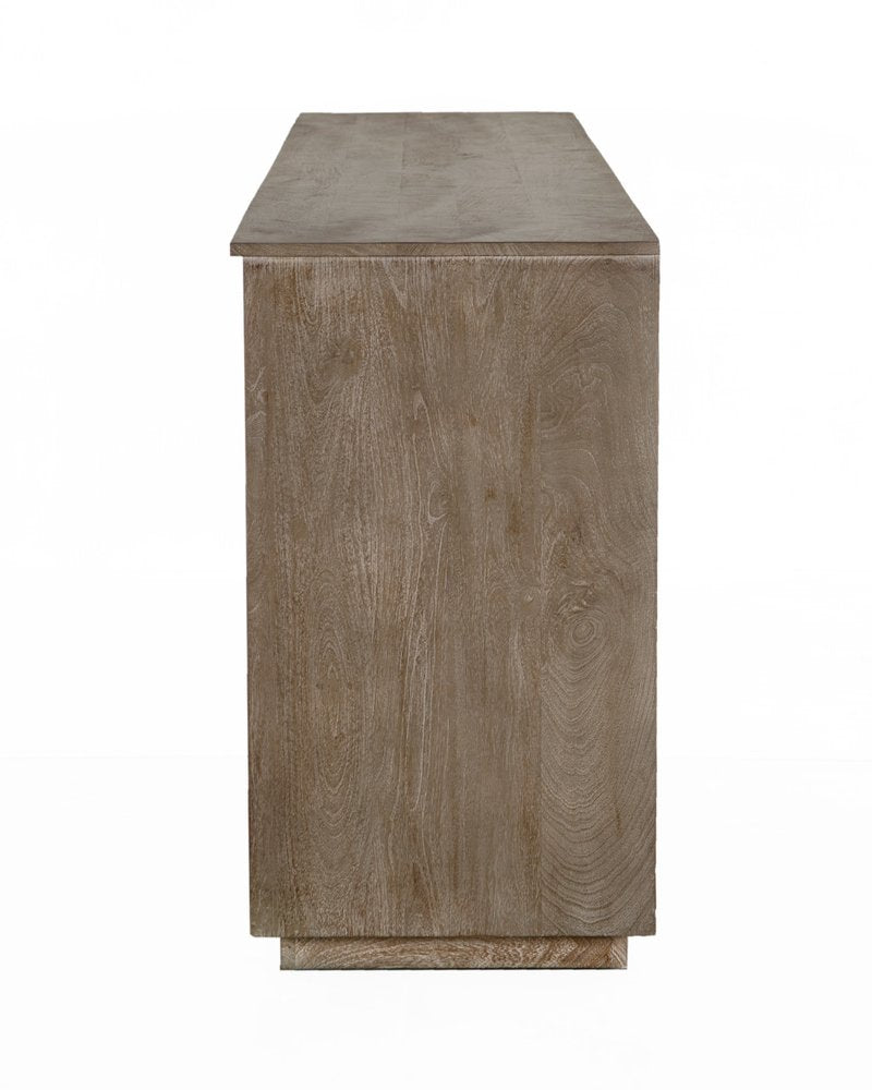 80" Brown Distressed Solid Wood Carved Geometric Sideboard With Four Doors