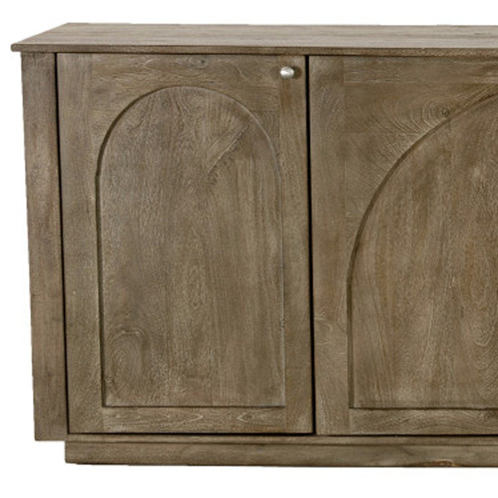 80" Brown Distressed Solid Wood Carved Geometric Sideboard With Four Doors
