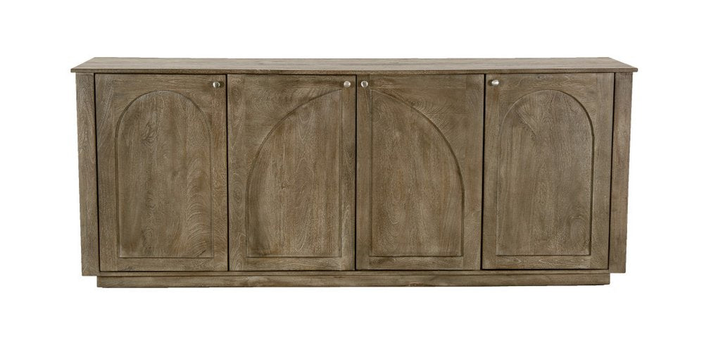 80" Brown Distressed Solid Wood Carved Geometric Sideboard With Four Doors
