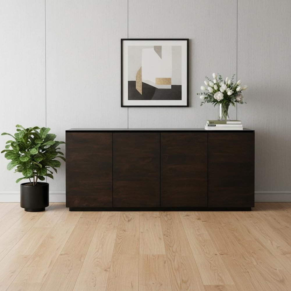 80" Dark Brown Distressed Solid Wood Sideboard With Four Doors