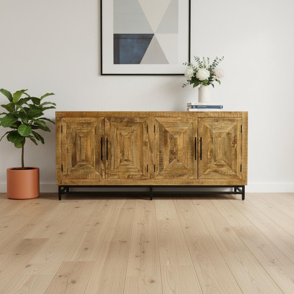 78" Natural Distressed Solid Wood Sideboard With Four Doors