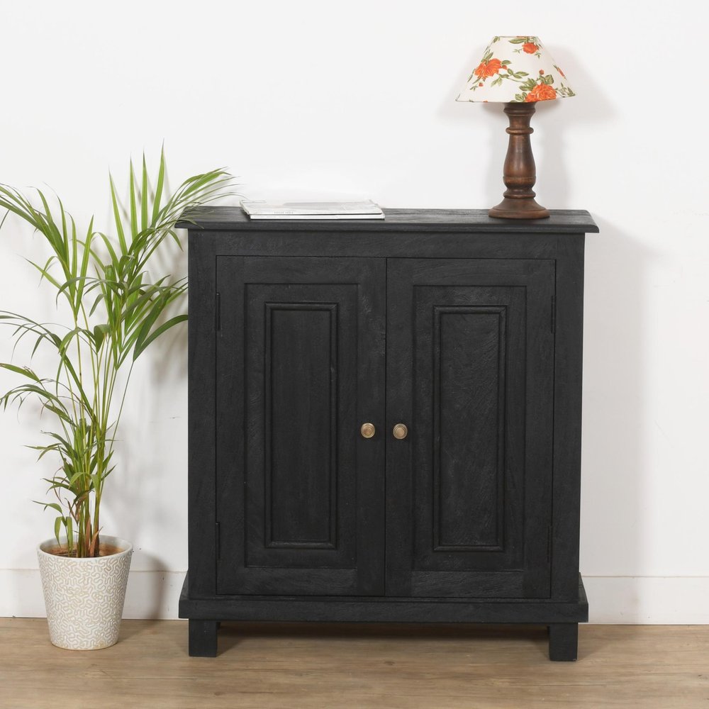 34" Black Distressed Solid Wood Sideboard with Two Doors