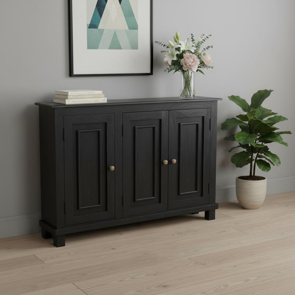 51" Black Distressed Solid Wood Sideboard with Three Doors