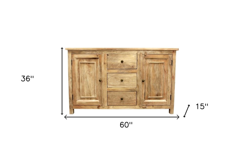 60" Natural Distressed Solid Wood Three Drawer Sideboard With Two Doors