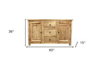 60" Natural Distressed Solid Wood Three Drawer Sideboard With Two Doors