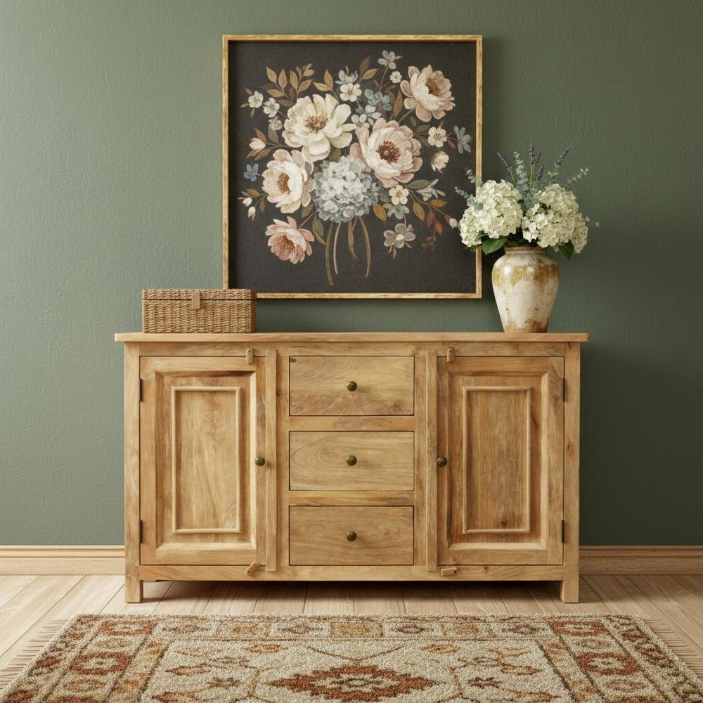 60" Natural Distressed Solid Wood Three Drawer Sideboard With Two Doors