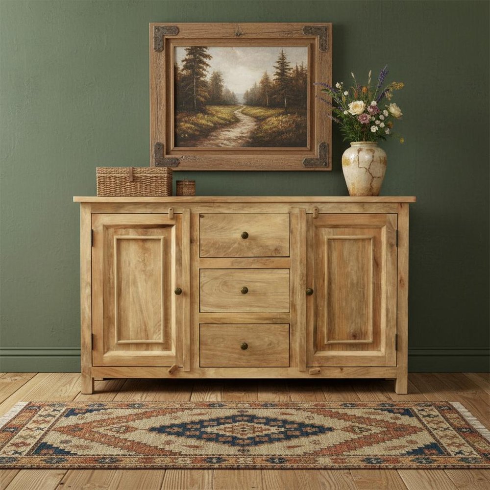 60" Natural Distressed Solid Wood Three Drawer Sideboard With Two Doors