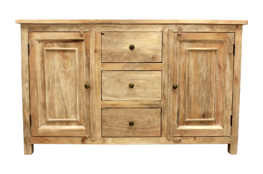 60" Natural Distressed Solid Wood Three Drawer Sideboard With Two Doors