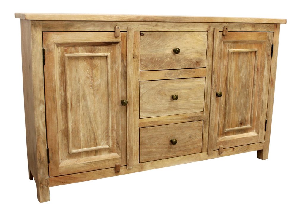 60" Natural Distressed Solid Wood Three Drawer Sideboard With Two Doors