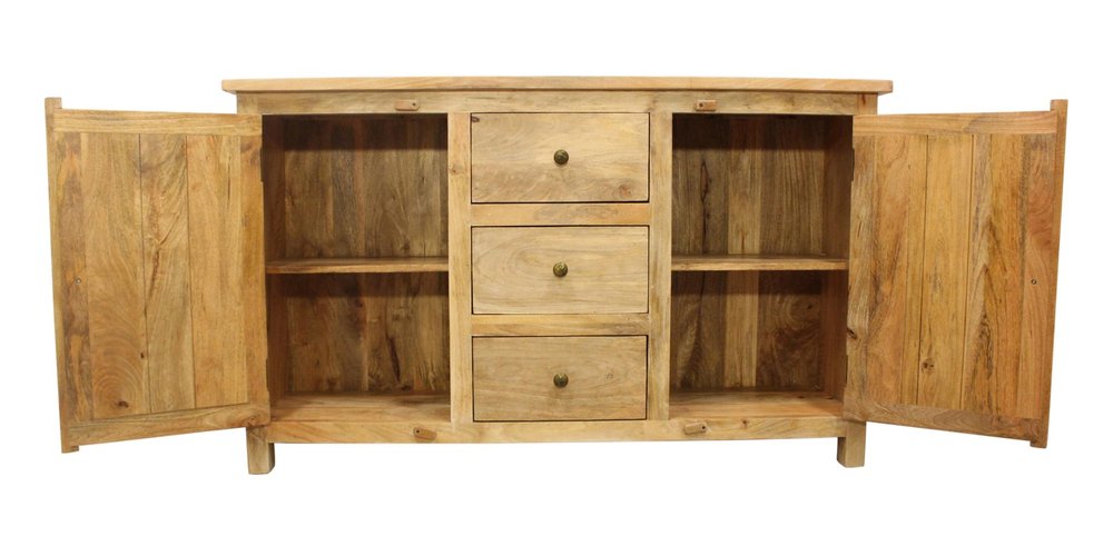 60" Natural Distressed Solid Wood Three Drawer Sideboard With Two Doors