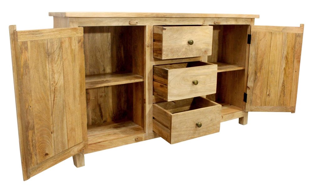 60" Natural Distressed Solid Wood Three Drawer Sideboard With Two Doors