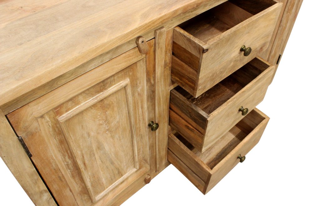 60" Natural Distressed Solid Wood Three Drawer Sideboard With Two Doors