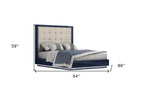 Blue and Gray Wood And Tufted Faux Leather Lighted Queen Bed Frame
