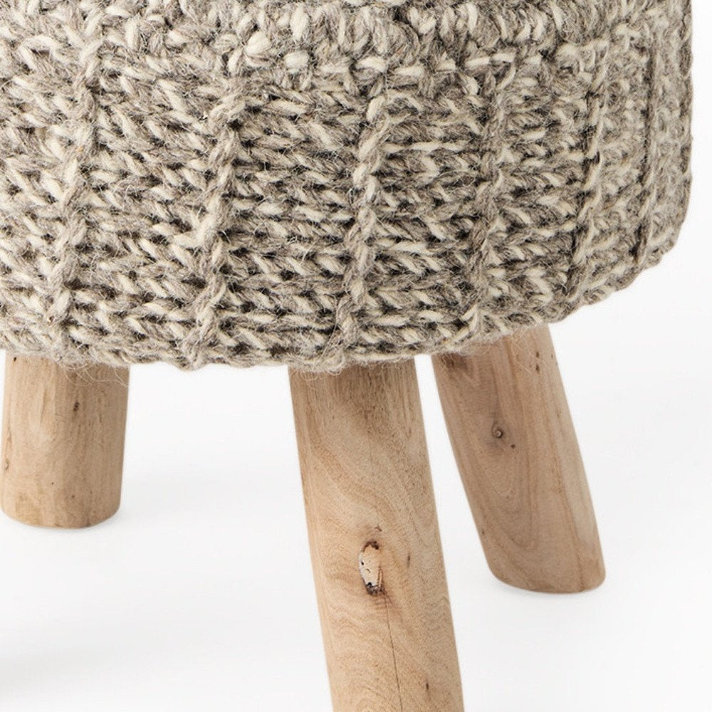 19" Taupe and Brown Wool Round Footstool