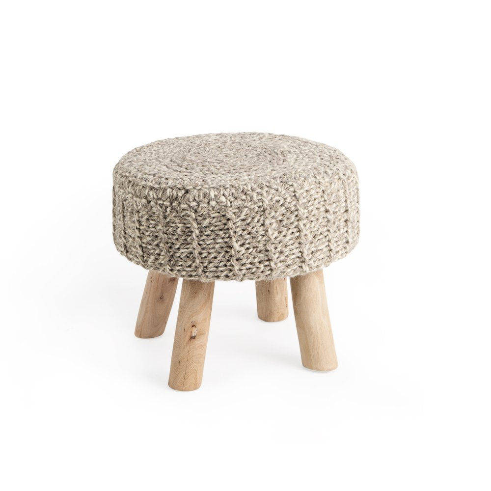 19" Taupe and Brown Wool Round Footstool