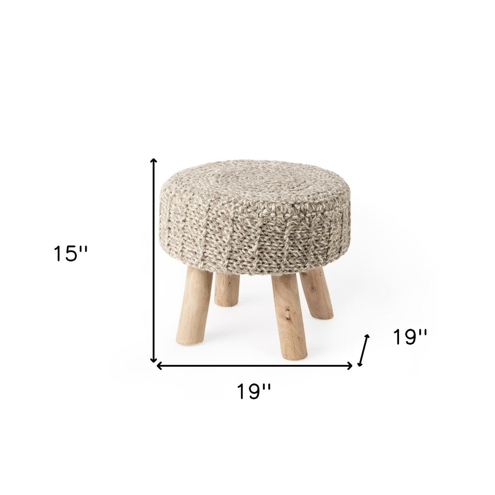 19" Taupe and Brown Wool Round Footstool