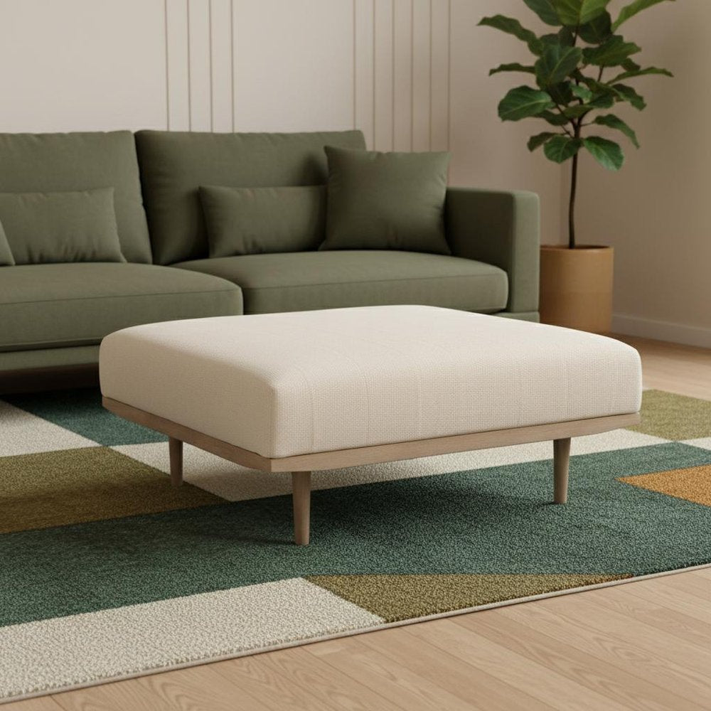 37" Beige and Brown Solid Wood and Fabric Ottoman