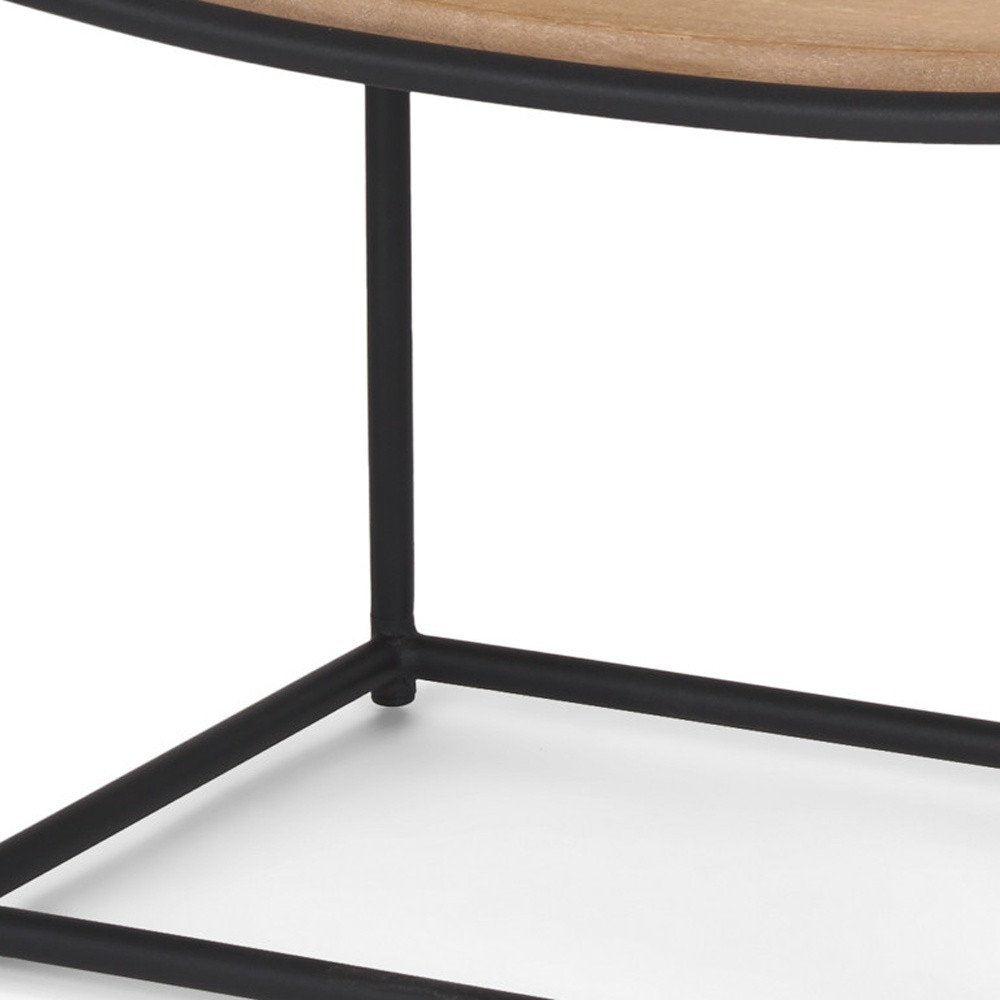 23" Natural and Black Solid Wood and Metal Footstool