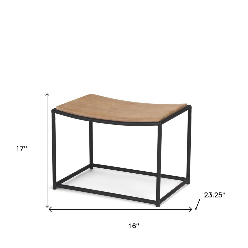 23" Natural and Black Solid Wood and Metal Footstool