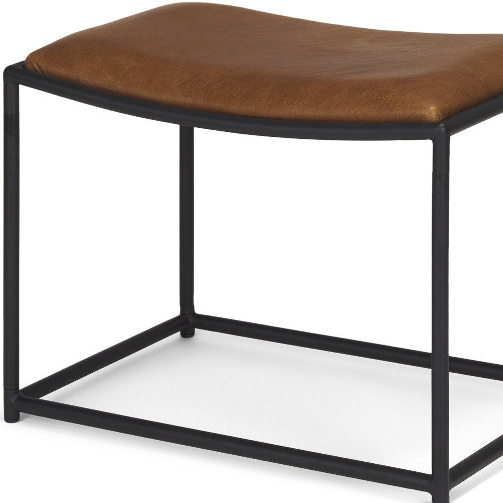 23" Brown and Black Metal and Genuine Leather Footstool