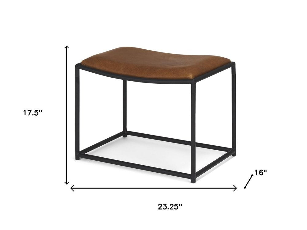 23" Brown and Black Metal and Genuine Leather Footstool