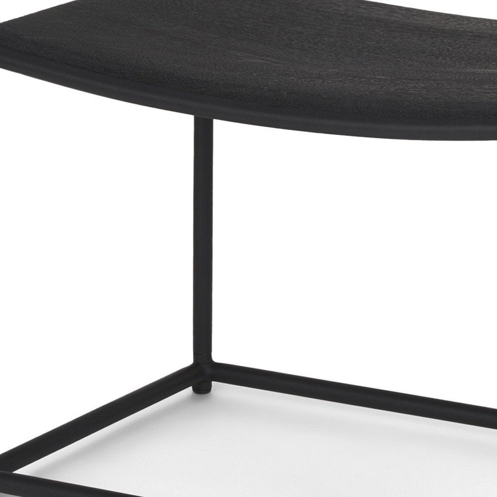23" Black Solid Wood and Metal Footstool