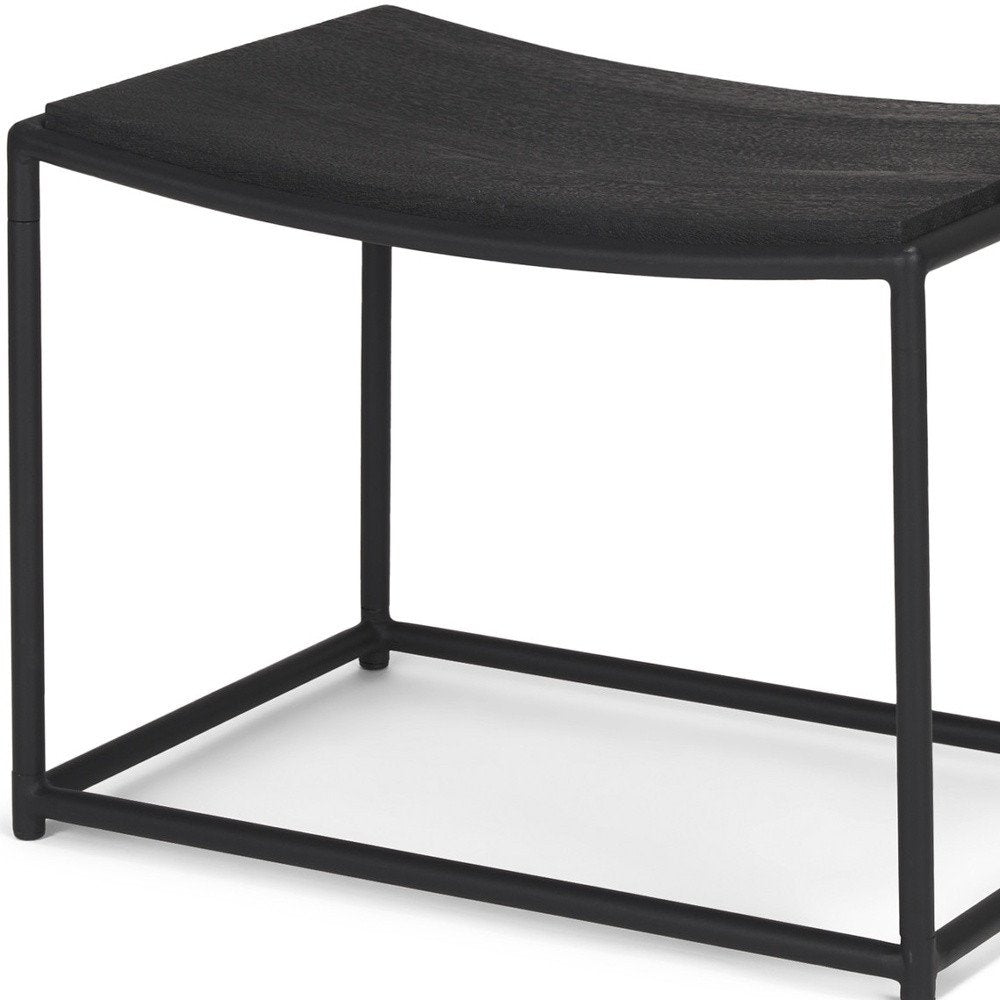 23" Black Solid Wood and Metal Footstool