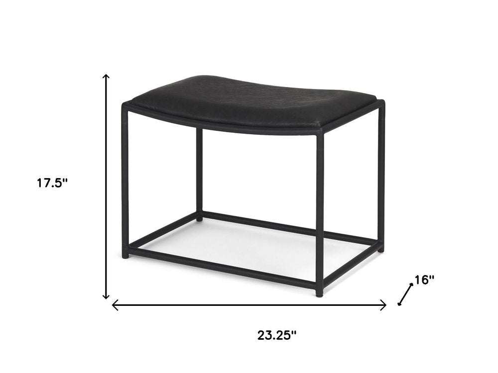 23" Black Metal and Genuine Leather Footstool