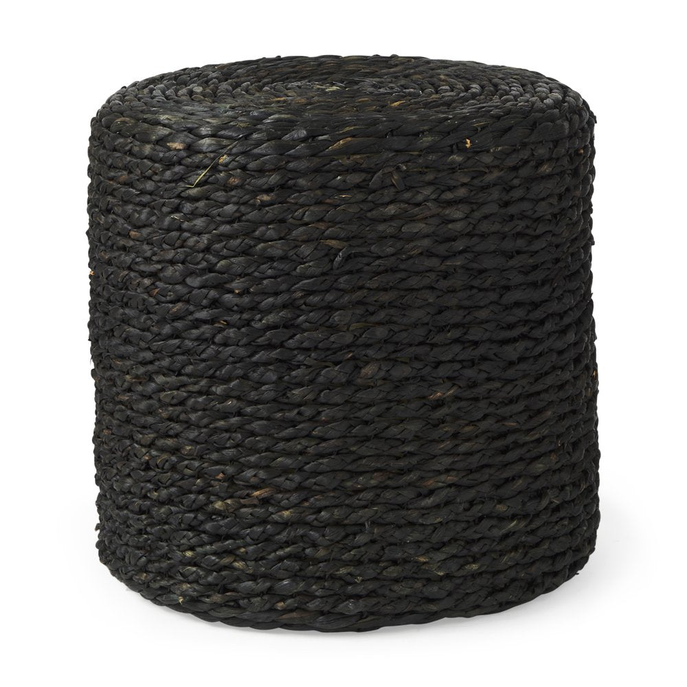 18" Black Jute Round Pouf Ottoman