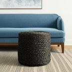 18" Black Jute Round Pouf Ottoman