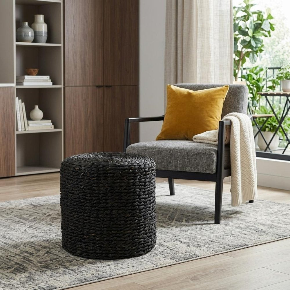 18" Black Jute Round Pouf Ottoman