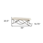 55" Cream and Nickel Fabric and Metal Upholstered Bench