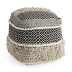 16" Black Gray and White Cotton Geometric Pouf Ottoman