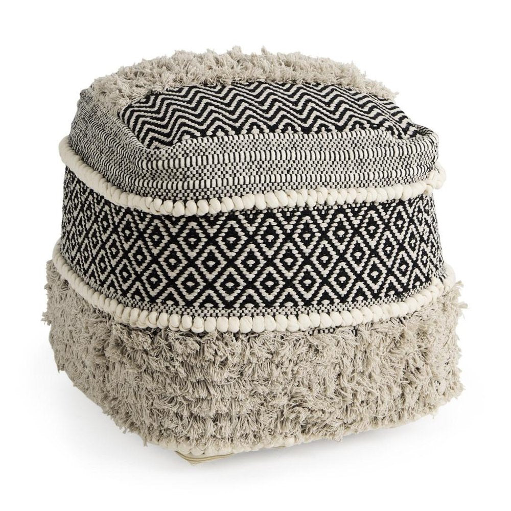16" Black Gray and White Cotton Geometric Pouf Ottoman