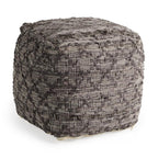16" Brown and Gray Cotton And Leather Geometric Cube Pouf Ottoman