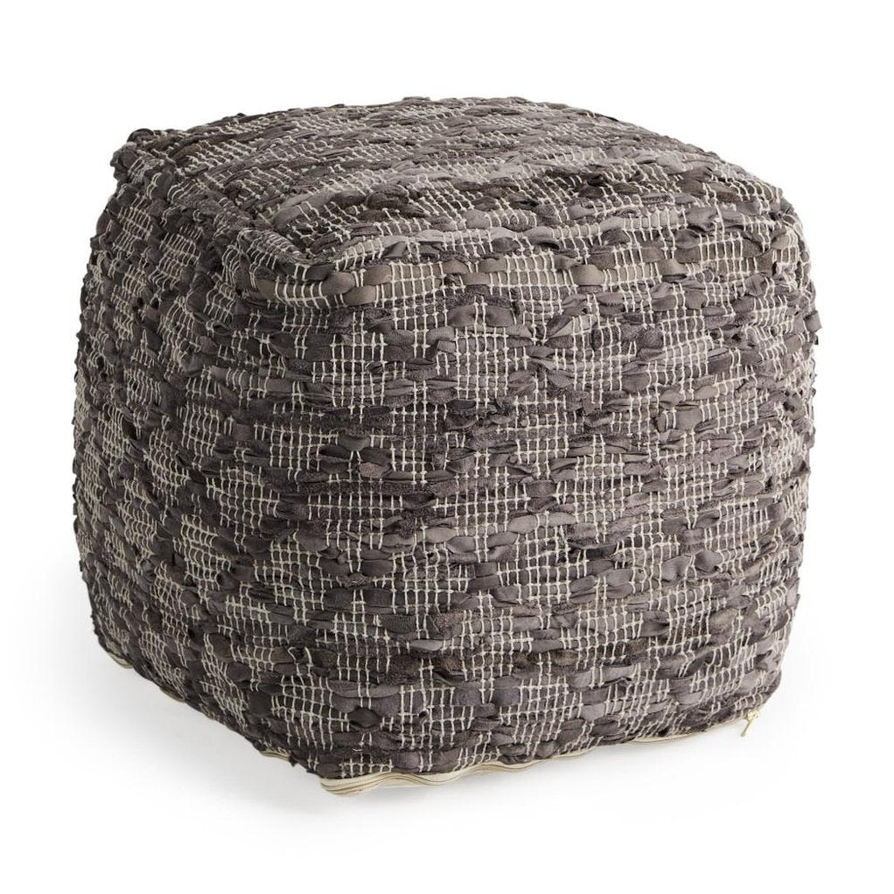 16" Brown and Gray Cotton And Leather Geometric Cube Pouf Ottoman