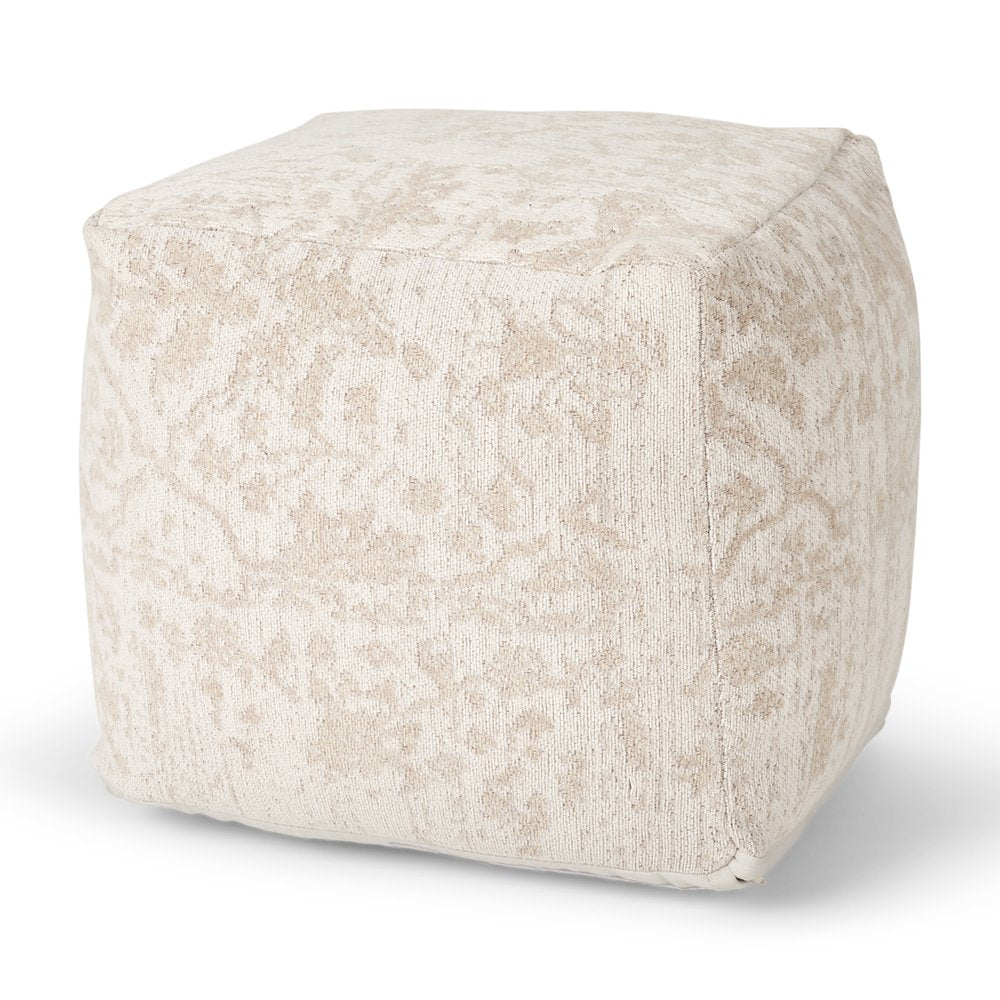 18" Cream and Beige Fabric Damask Pouf Ottoman